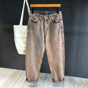 黄泥色复古花纹水洗牛仔裤男款小众宽松哈伦裤子秋季男士直筒长裤