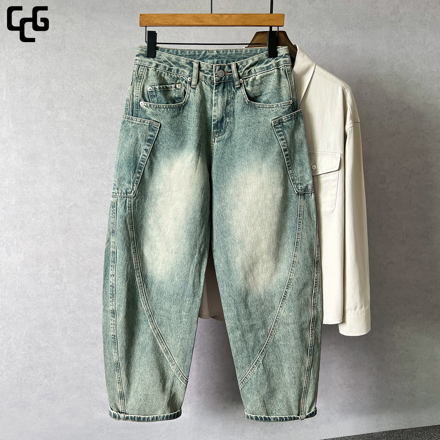 怀旧蓝牛仔裤男秋季潮流弯刀裤子