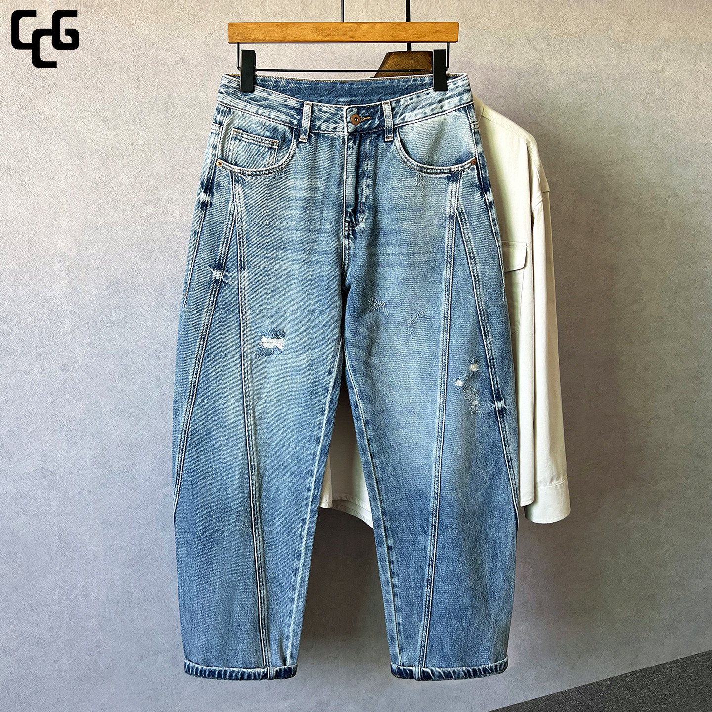 水洗做旧破洞结构弯刀牛仔裤男士纯棉宽松阔腿裤子高街百搭春夏季,男装,牛仔裤,淘宝优惠券,粉丝福利购,淘宝优惠卷