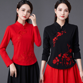 民族风女装 上衣中国风复古盘扣立领打底衫 刺绣长袖 t恤新中式