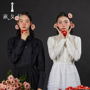 淑女屋衬衫 宽松翻领白色凡尔赛王子白黑衬衣 衬衣上衣长袖
