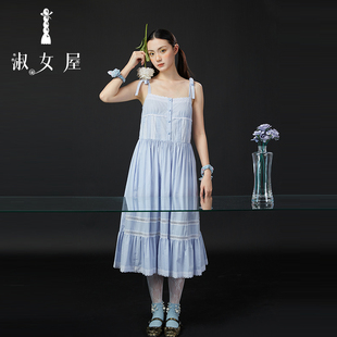 淑女屋官方旗舰店蝴蝶结拼接蕾丝温柔气质风显瘦吊带连衣裙2024夏