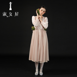 淑女屋春秋款 棉细纱柔软淑女长裙 绣花公主莉莉连衣裙方领长袖