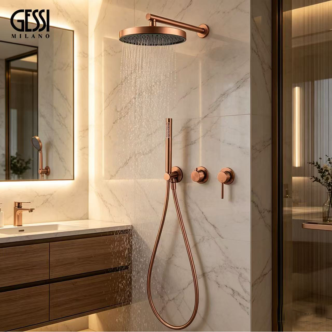 GESSI意大利捷仕全铜暗装极简嵌入墙出枪灰浴室增压冷热淋浴花洒