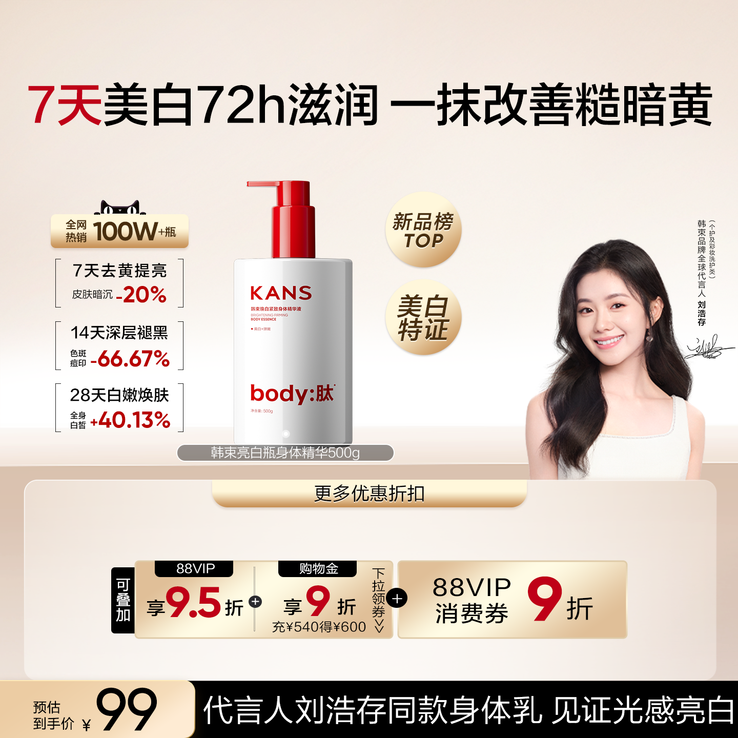 韩束美白身体乳保湿补水滋润持久留香烟酰胺润肤乳500g大瓶装