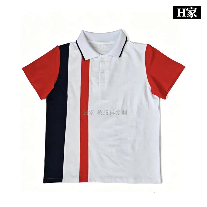订做彬州市宜章县八完小校服学生上衣白色拼大红色深蓝色短袖半袖
