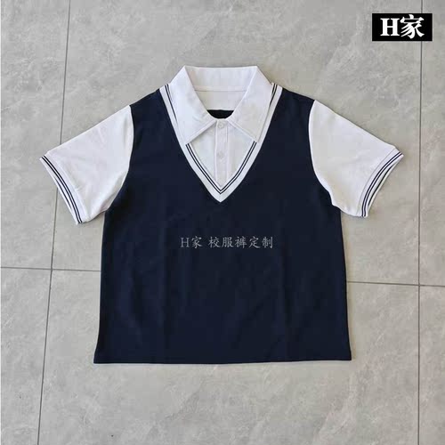定做湖州南太湖双语学生校服深蓝色拼白色短袖上衣半袖T恤衫班服