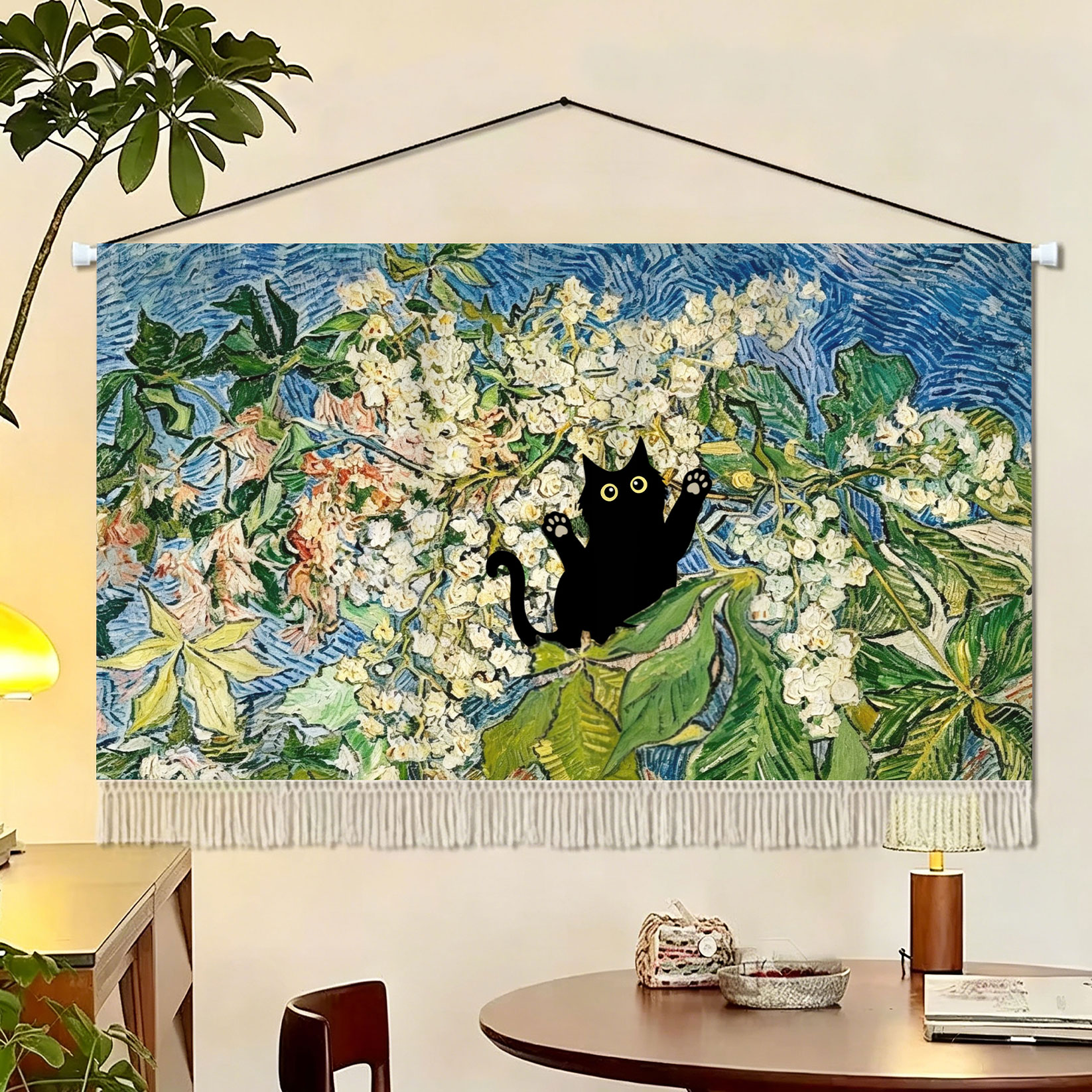 油画花卉猫咪混纺布艺挂毯