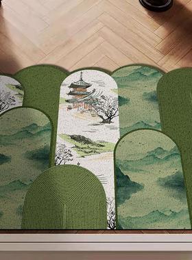 新中式入户门丝圈地垫绿色山水异形脚垫防滑门垫门口进门可裁垫