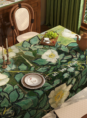 北欧ins风油画桌布绿色蔷薇园轻奢感雪尼尔防水餐桌台布茶几盖布