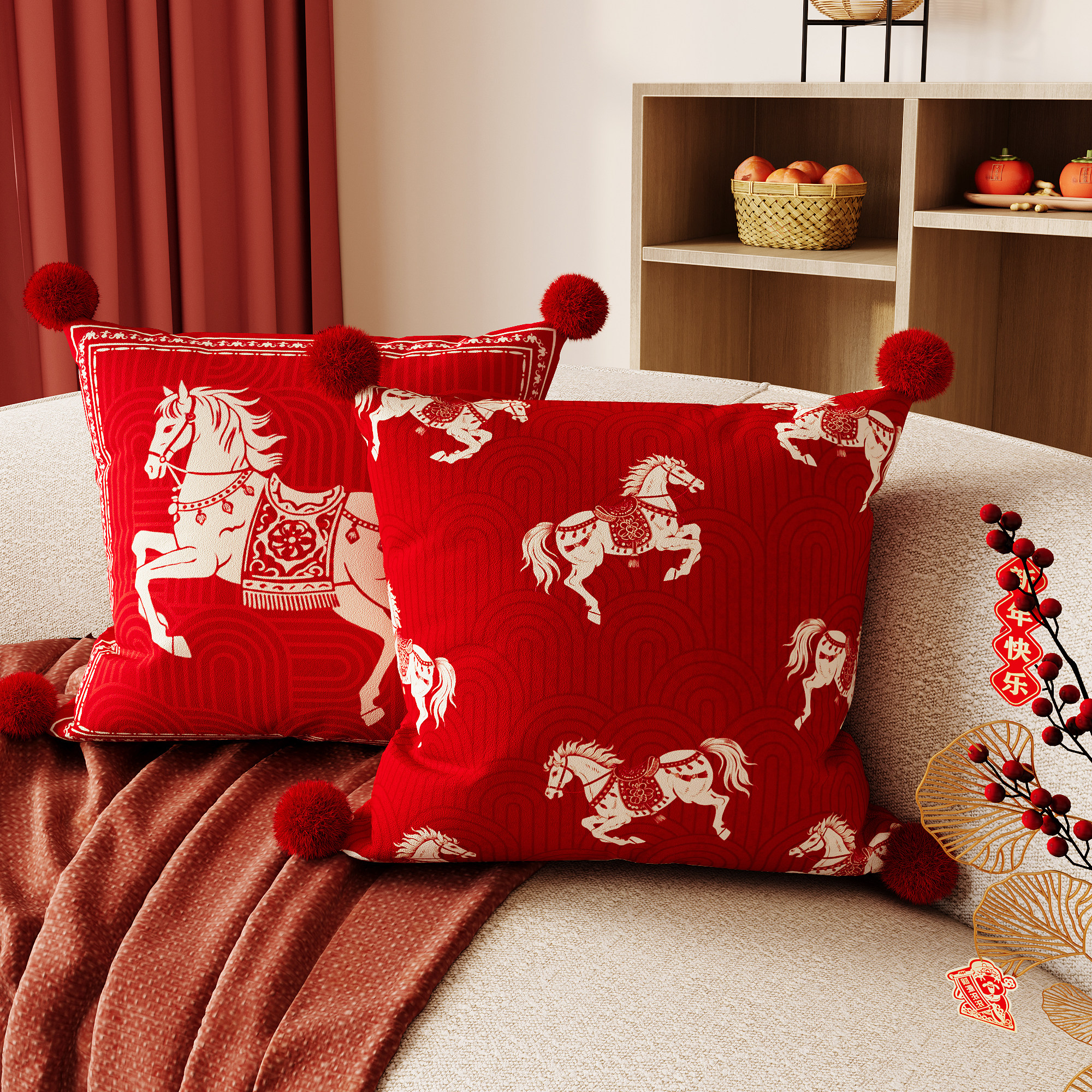2026新年款客厅沙发抱枕双面毛绒软靠枕过年红色氛围感床头靠垫,居家布艺,靠垫/抱枕,淘宝优惠券,粉丝福利购,淘宝优惠卷