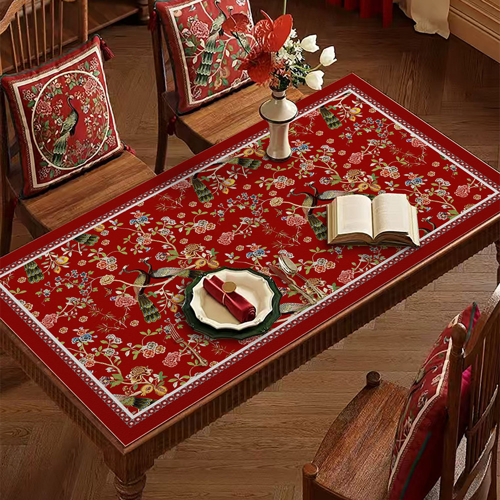 孔雀呈祥春节防水防油免洗皮革餐桌垫方形高颜值隔热垫防尘桌布