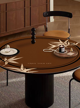 橙色回忆中古风皮革桌垫防水防油免洗防烫家用客厅圆形餐桌垫盖布