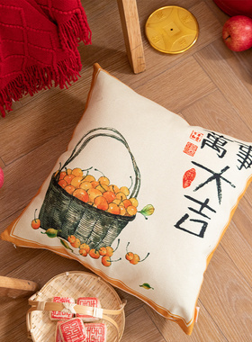 中式花鸟双面棉麻抱枕橙色高颜值方形枕套含枕芯床头沙发靠枕靠垫