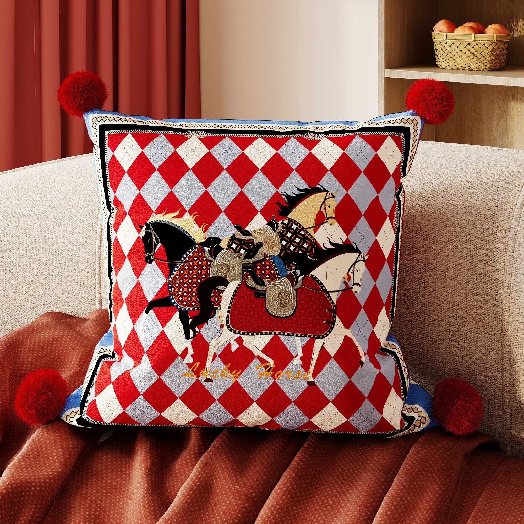马年轻奢美式复古风抱枕红色菱格沙发靠垫高级感客厅靠枕新年喜庆,居家布艺,靠垫/抱枕,淘宝优惠券,粉丝福利购,淘宝优惠卷