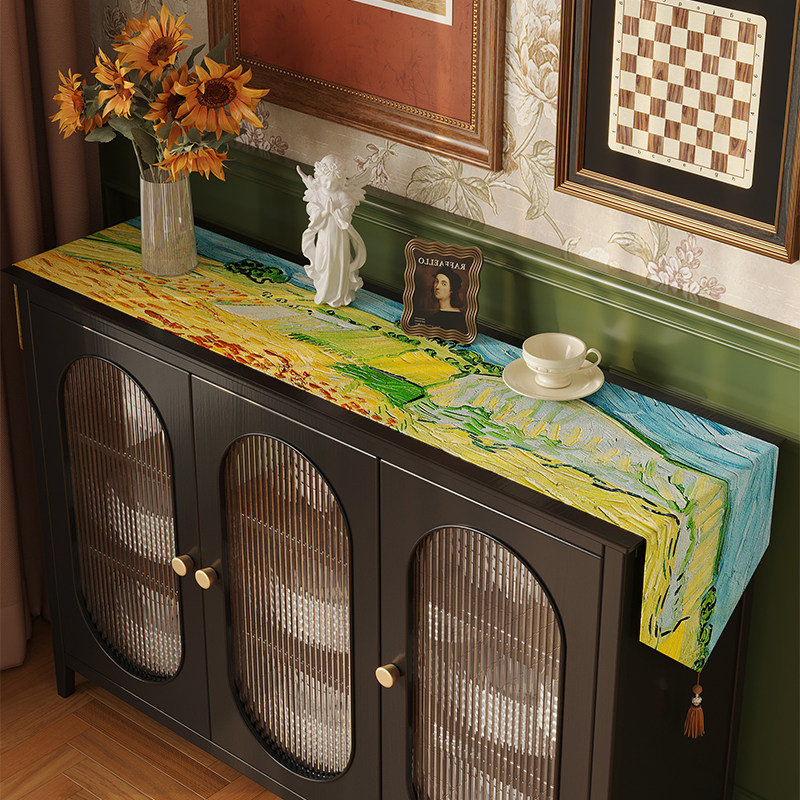 复古油画餐边柜盖布流苏桌旗防水防油防尘长条鞋柜电视柜台面盖巾,居家布艺,桌布,淘宝优惠券,粉丝福利购,淘宝优惠卷