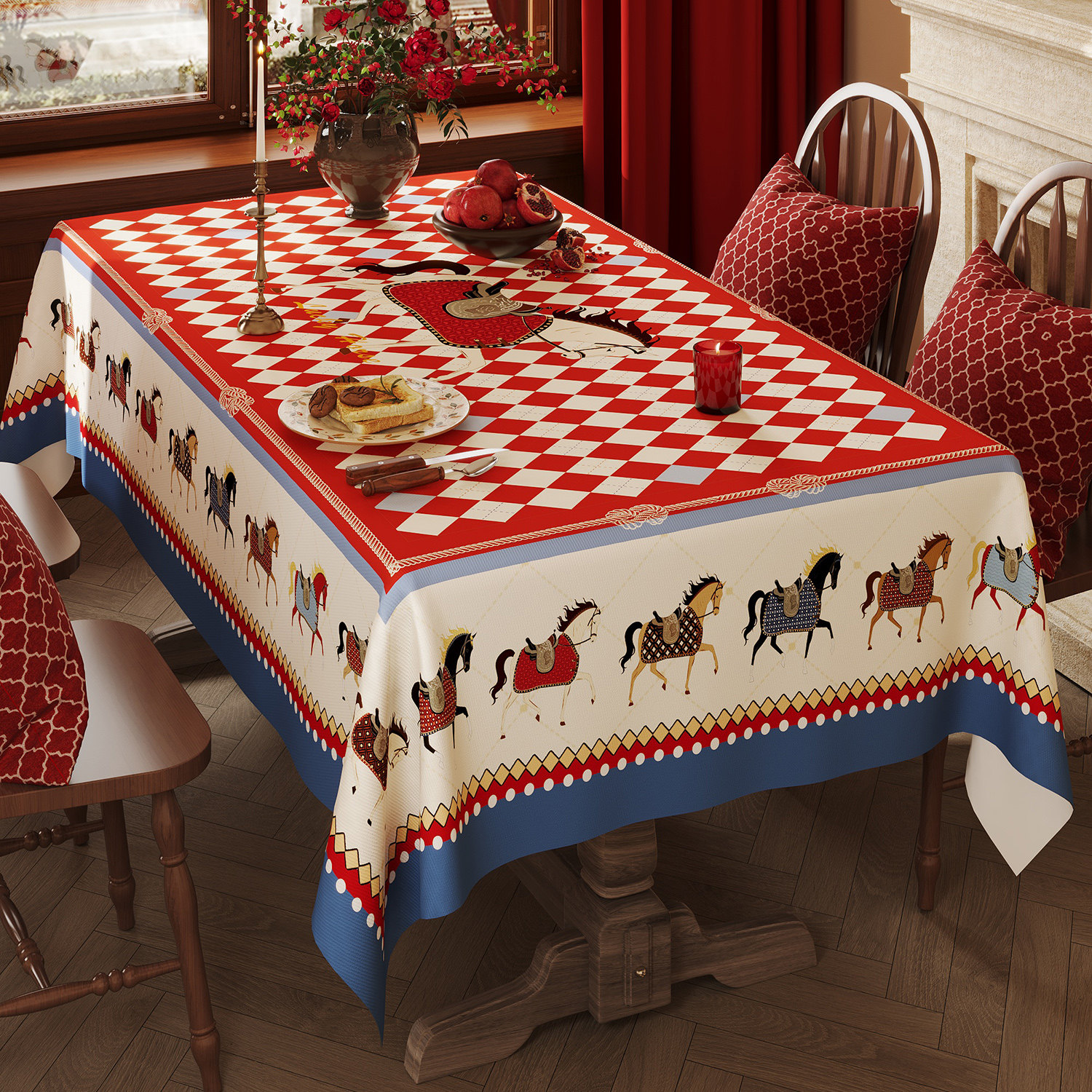 马年新年红白蓝菱格桌布轻奢复古小马图案餐桌布防水防油茶几台布