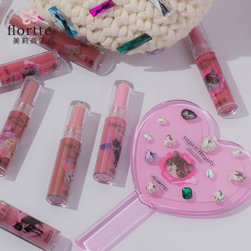 FLORTTE/花洛莉亚便携式贴钻化妆镜爱心形手柄镜可爱猫咪手持镜子