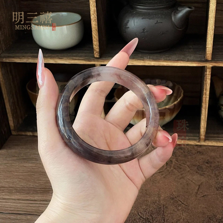 天然新疆金丝玉紫罗兰扁条手镯冰种飘花细圆条手镯女玉镯子叮当