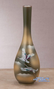 现货日本原装 进口九谷烧飞鹤陶瓷花瓶桌上摆件装 饰商务礼品礼物