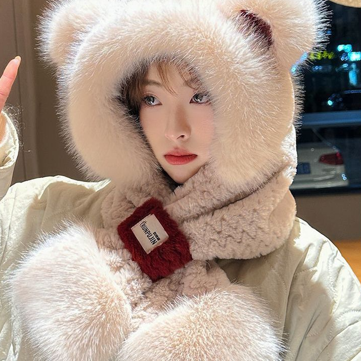 小熊帽子女冬季围巾一体毛绒骑车护耳连帽围脖可爱圣诞米乐熊厚款