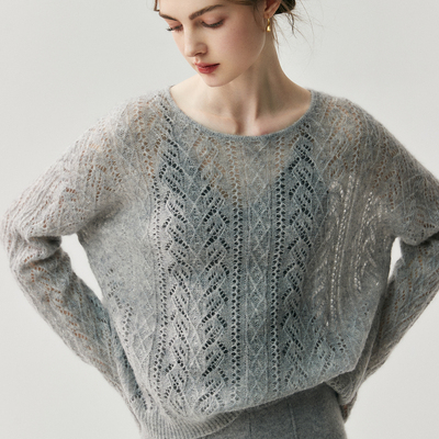 秋冬套头75%山羊绒衫25%桑蚕丝长袖镂空宽松大码圆领针织打底毛衣