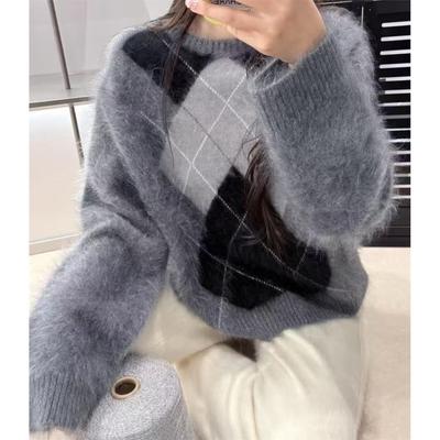 100%纯山羊绒衫拉绒女圆领加厚宽松慵懒风针织打底毛衣