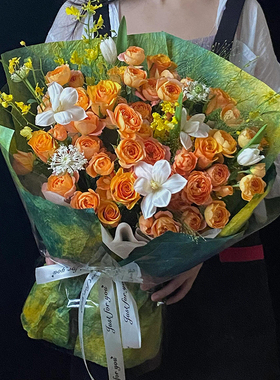 原创鲜花速递同城上海油画花束花店白色郁金香橙色芭比生日配送花