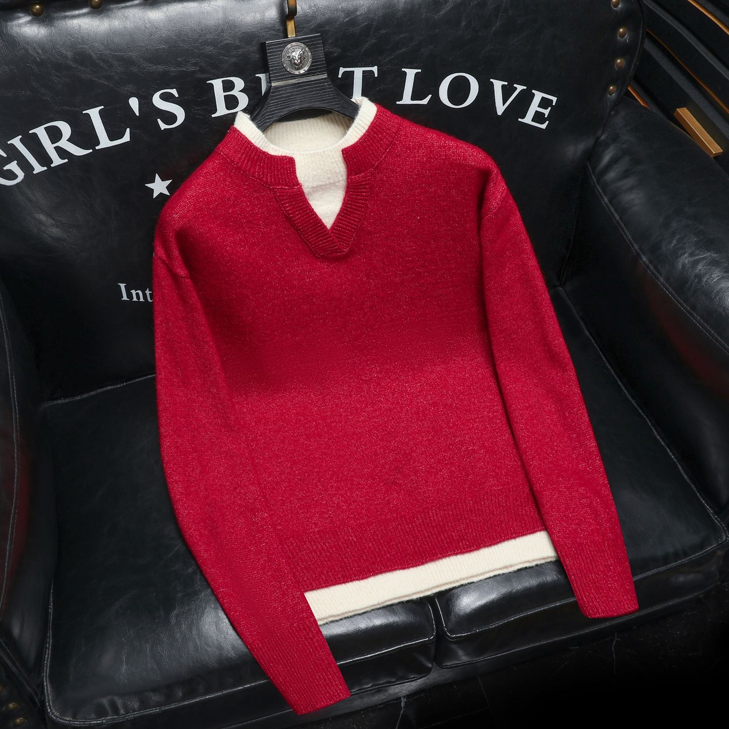 阔版大码假两件海鸥领粗针毛衣.重磅加厚.老钱风56301P130沙发红，男装针织衫/毛衣，钱塘6022