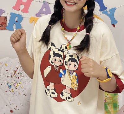 短袖昭和复古童趣小众印花纯棉女