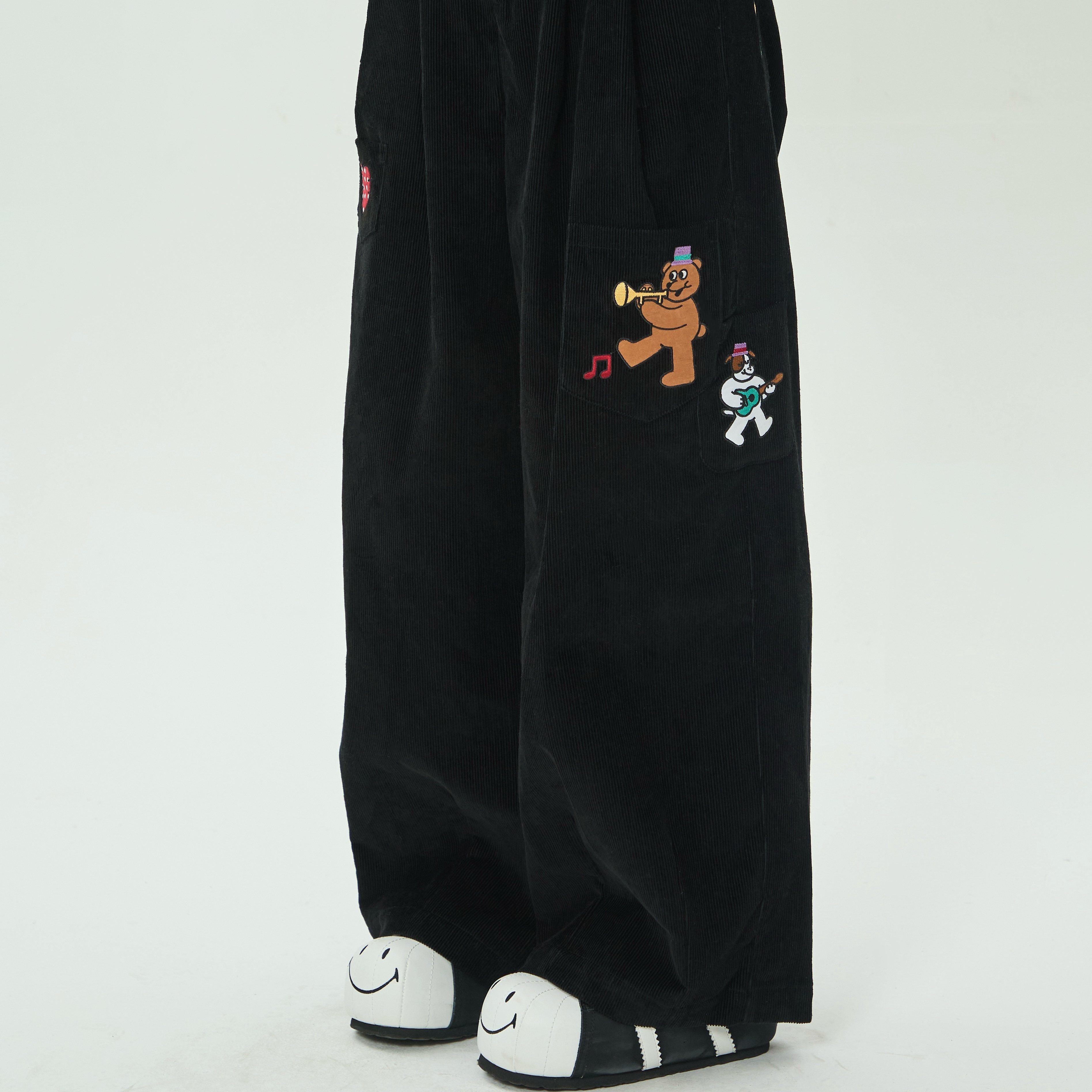 Robootoo原创插画艺术家联名童趣可爱刺绣百搭全棉灯芯绒休闲长裤