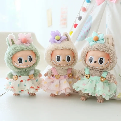 一代二代盲盒Labubu挂件衣服拉布布坐坐衣服娃衣粉色爱心熊连衣裙