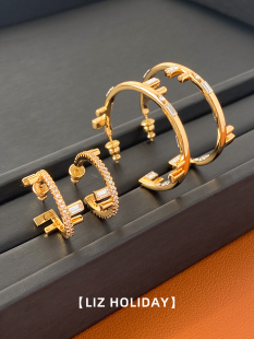 字母F水晶金色镶钻耳圈女士耳环2023新款 大脸显瘦复古ins欧美夸张