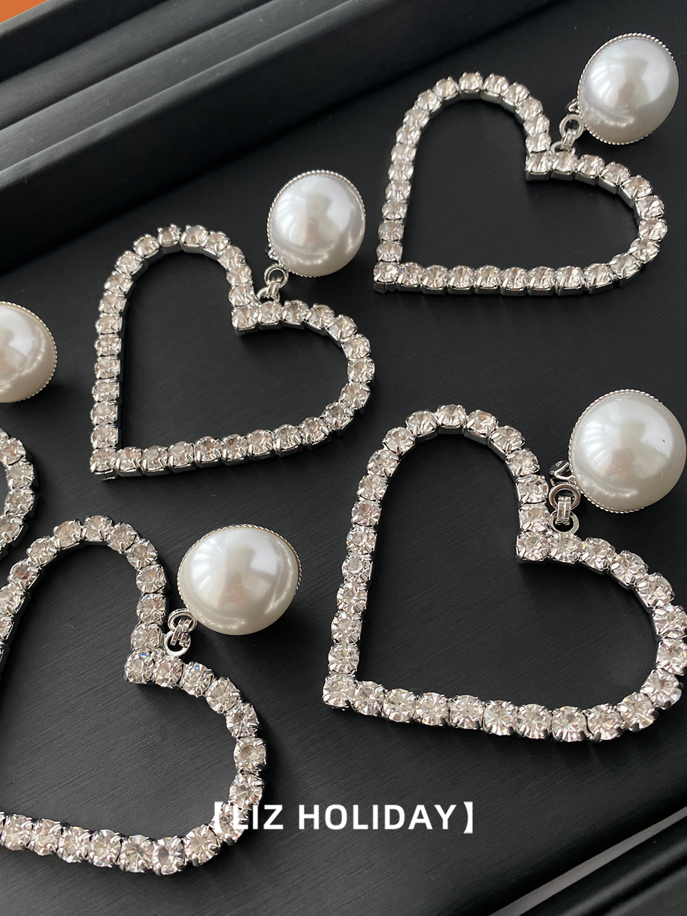 复古夸张爱心镶钻珍珠爆闪耳夹女
