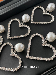 珍珠大爱心镶钻爆闪耳夹耳钉大桃心欧美夸张2023时尚 洋气耳环超大