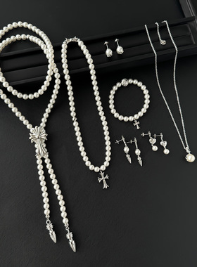 刘嘉玲潘玮柏同款CH克罗联名款施家珍珠镶钻十字架项链手链耳钉女