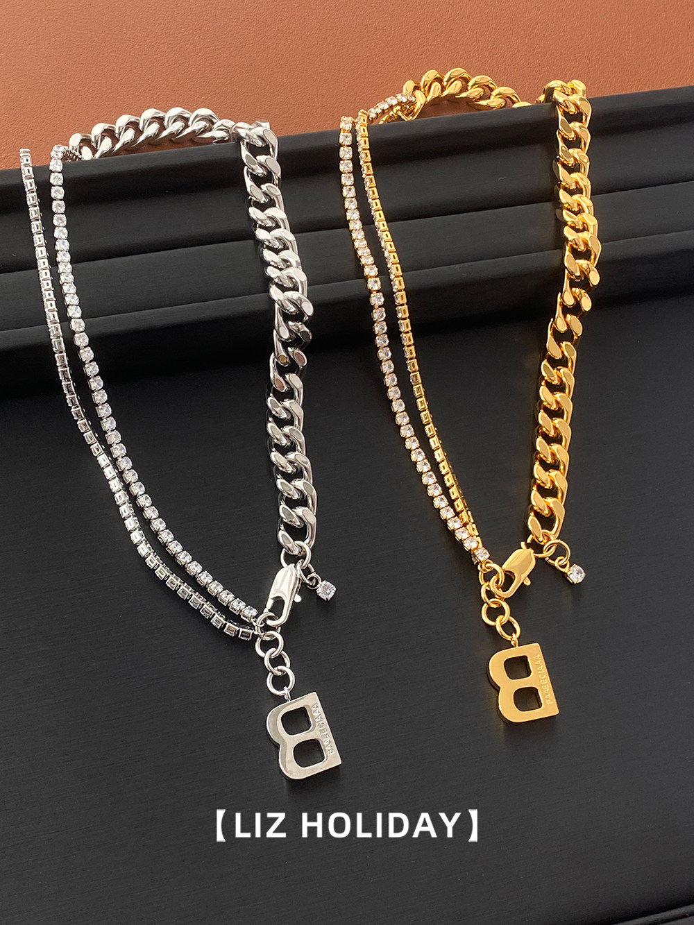字母B吊坠镶钻链条女士项链2024年新款时尚中性风ins街头酷高级感,饰品/流行首饰/时尚饰品新,项链,淘宝优惠券,粉丝福利购,淘宝优惠卷
