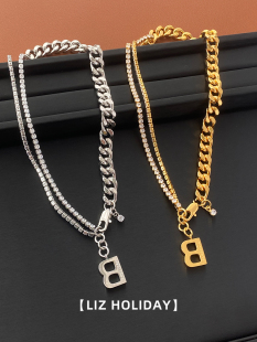 字母B吊坠镶钻链条女士项链2024年新款 中性风ins街头酷高级感 时尚