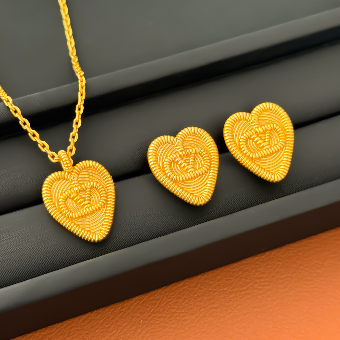 欧美沙金复古爱心项链耳环套组女