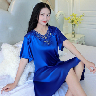 睡裙女夏季冰丝中袖中长款加肥大码夏天丝绸宽松家居服连衣裙