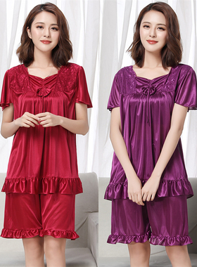 2025夏季短袖女士加肥大码冰丝睡衣套装胖MM夏天家居服睡裙220斤