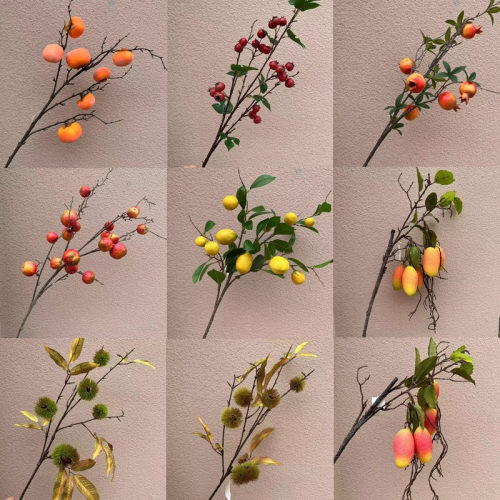 单支长杆仿真板栗苹果石榴柿子芒果柠檬山楂 水果假树枝装饰果子