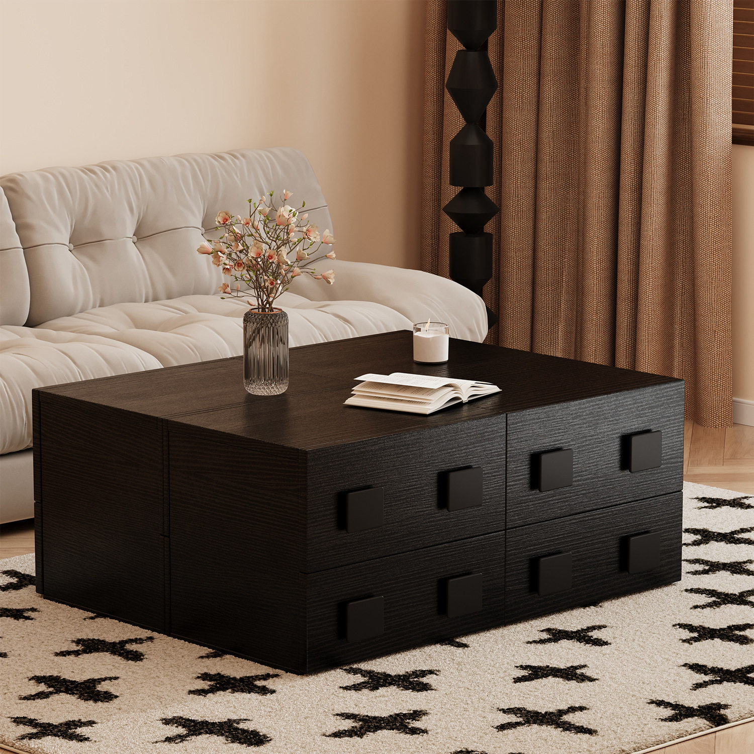 黑中古风实木客厅茶几家用落地复古卡门柜简约电视机边柜组合模块