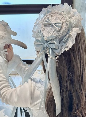 Lolita圣诞G浅蓝色蕾丝蝴蝶结发夹小礼帽甜美冰蓝cla系蛋糕发饰