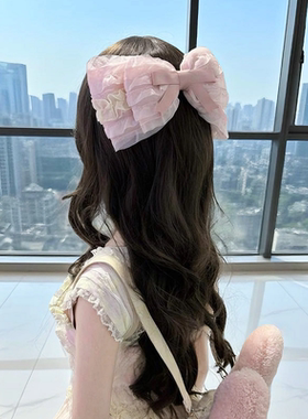 Lolita里雾诗之春粉色芭蕾风顶夹褶皱大蝴蝶结可爱发饰发夹礼帽
