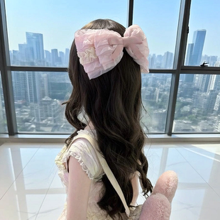 Lolita里雾诗之春粉色芭蕾风顶夹褶皱大蝴蝶结可爱发饰发夹礼帽