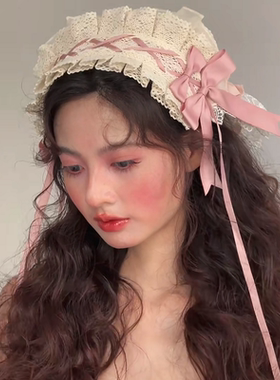 日系软妹Lo娘洛丽塔蕾丝头饰甜美百搭kc粉色蝴蝶结发带女仆日常