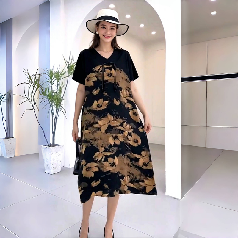 洋气妈妈装夏季气质连衣裙真丝棉质印花中长款A版大码宽松裙子潮