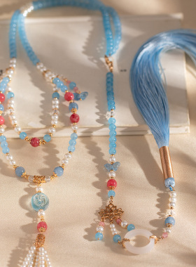 古风璎珞项链汉服马面裙配饰长流苏明制背云新中式国风旗袍蓝色