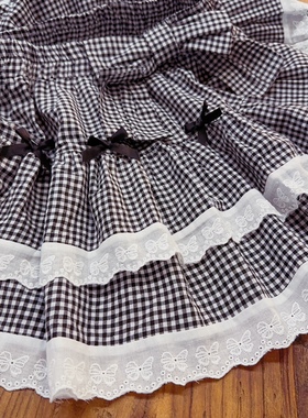 rom2防走光 内衬裤子 森女黑色格子 荷叶边小花边 松紧腰半身裙